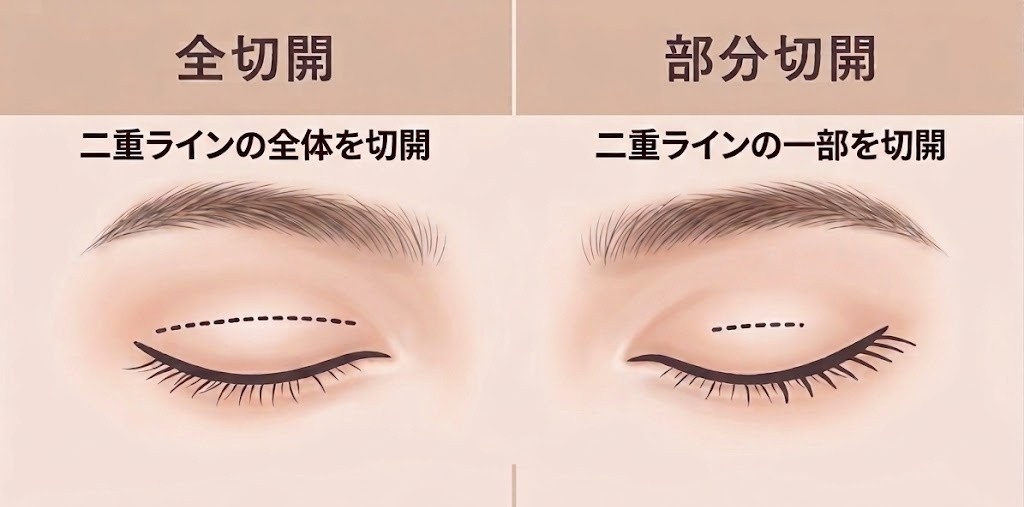 部分切開と全切開二重術の違いを示すイメージ
